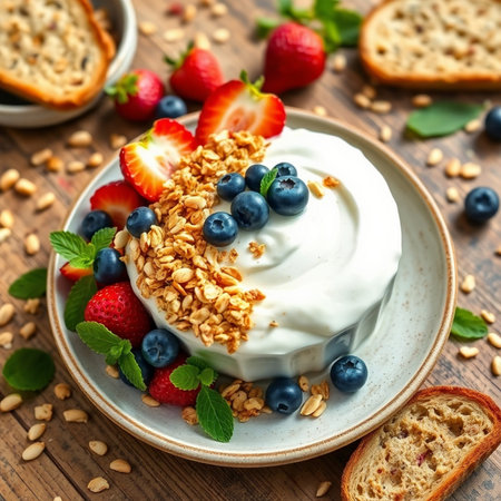 Greek yogurt with granola and fresh berries on a wooden table.の素材