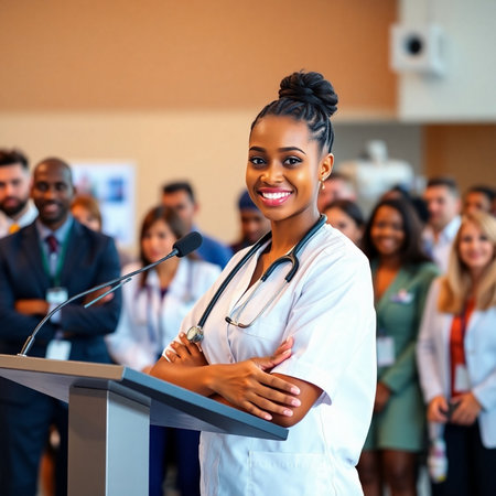 african american female doctor with stethoscope at conference hallの素材