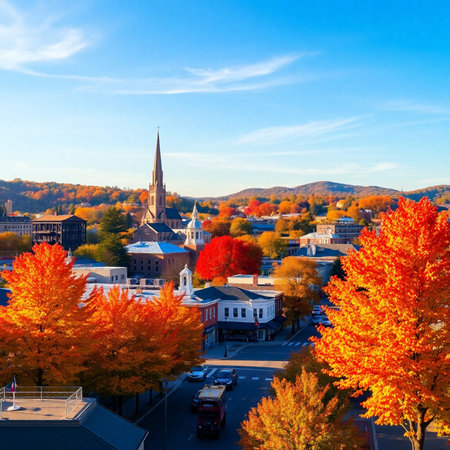 Scenic autumn view of town center in Vermont, United States.の素材