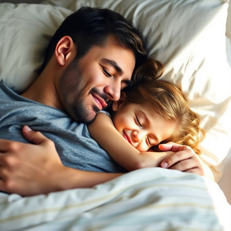 happy father and daughter sleeping together in bed at home. family conceptの素材