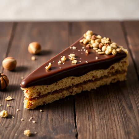 Chocolate cake with nuts on a wooden background. Selective focus.の素材
