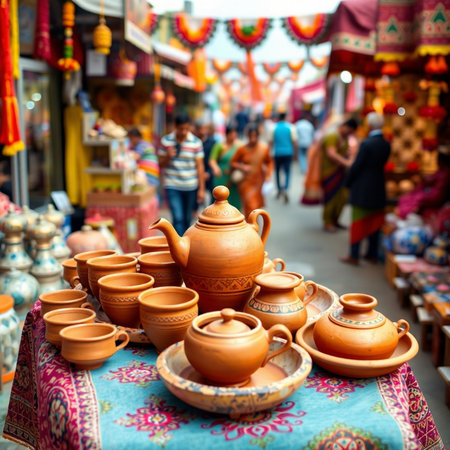 View of traditional Nepali pottery sold at Thamel street in Kathmandu in the morningの素材