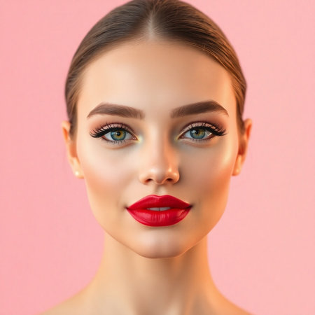 Portrait of beautiful young woman with bright make-up and red lipsの素材