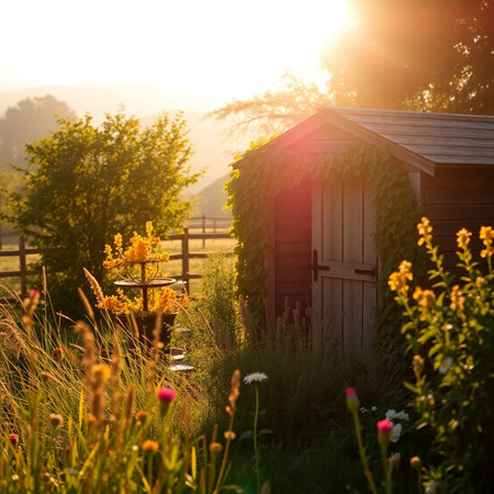Sunset in the countryside with yellow wildflowers and blue shedの素材