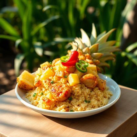 Fried rice with chicken and pineapple on wooden table in garden.の素材