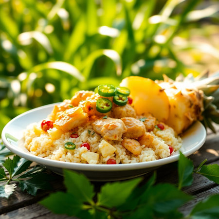 Couscous with chicken and pineapple on a wooden table.の素材