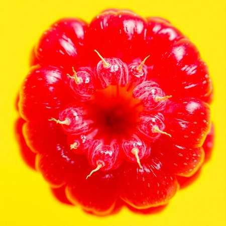 Macro photo of a red raspberry on a yellow background. Macroの素材