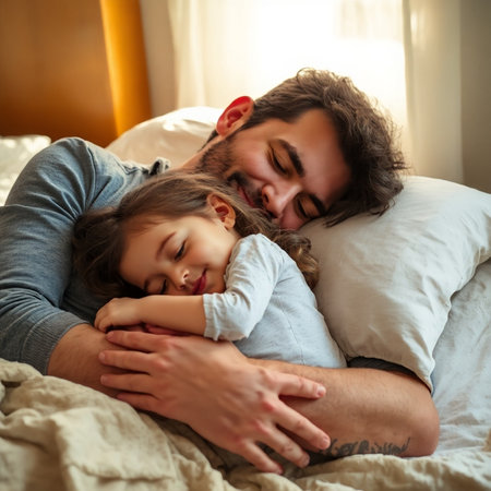 Father and daughter sleeping in bed at home. Happy family concept.の素材