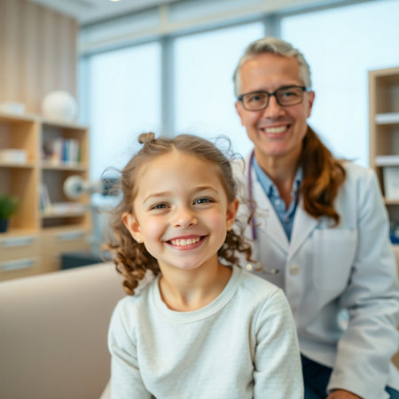Portrait of smiling little girl with her pediatrician in the backgroundの素材
