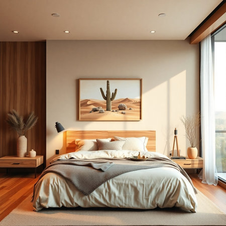 Interior of modern bedroom with beige walls, wooden floor, comfortable king size bed with gray linen and wooden bedside table with vases. 3d renderingの素材