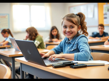 Portrait of happy schoolgirl using laptop in classroom at elementary schoolの素材