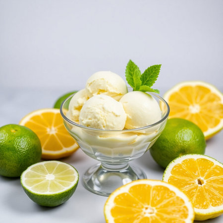 Scoops of ice cream in a glass bowl with lemons, limes and mint on a light background.の素材