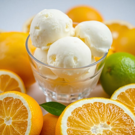 Citrus ice cream in glass bowl with lemons, limes and orangesの素材