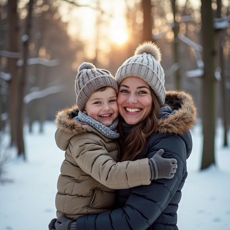 Happy mother and son in warm clothes having fun on beautiful winter dayの素材