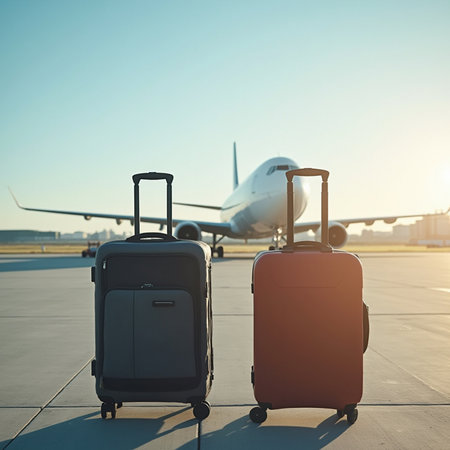 Two travel suitcases on the tarmac of the airport terminal.の素材
