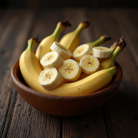 Bowl of fresh bananas on wooden table. Selective focus.の素材