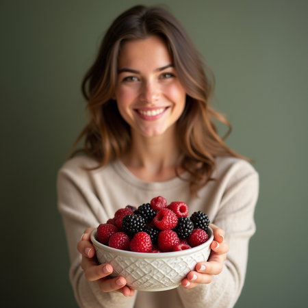 Portrait of a beautiful young woman holding bowl with fresh berries.の素材