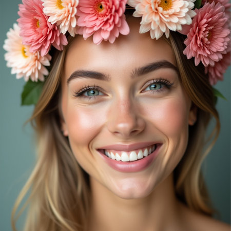 Close-up portrait of beautiful young woman with pink flowers in her hairの素材