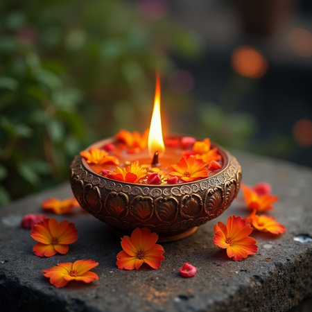 Burning Diwali diya with marigold flowers, selective focusの素材