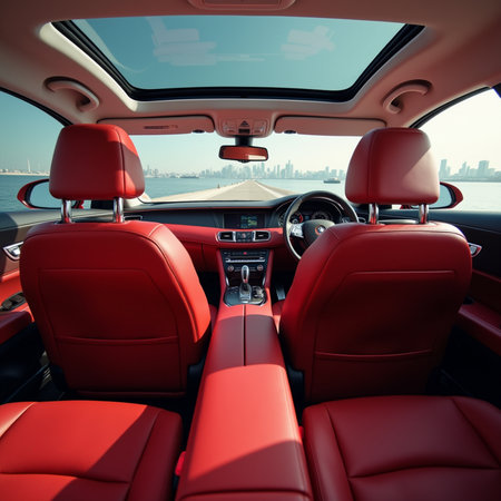 The interior of a modern car with red leather seats. View from the window.の素材