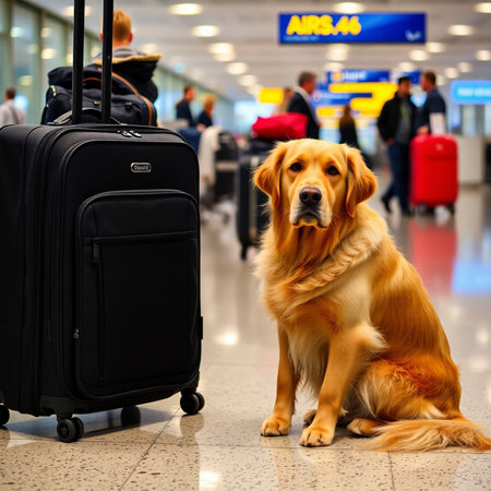 Golden Retriever sitting on the floor with luggage at the airportの素材