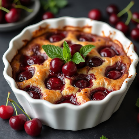 Cherry pie in baking dish with fresh cherries and mint on dark backgroundの素材