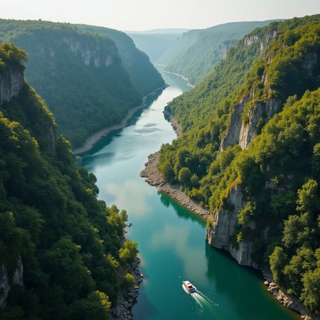 Aerial view of the river and the boat in the gorge. Beautiful summer landscapeの素材