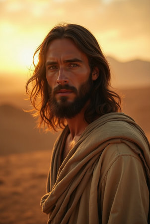 Handsome young man with long hair and beard in the desertの素材
