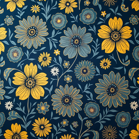 Seamless pattern with yellow and blue flowers on dark blue backgroundの素材