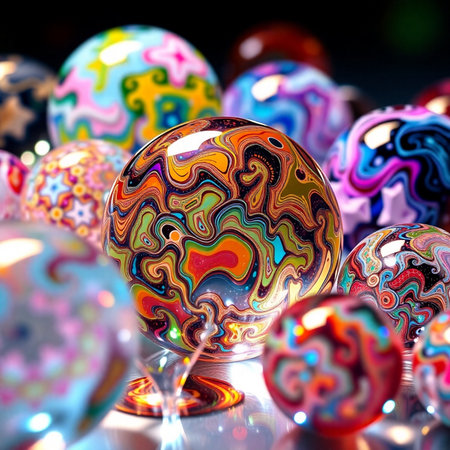 Colorful glass balls on a dark background. Close-up.の素材