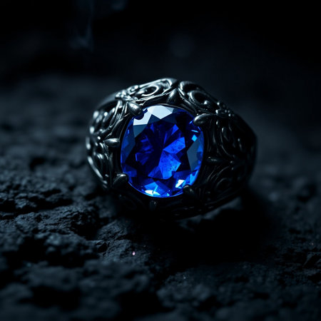 jewelry ring with blue sapphire on a dark backgroundの素材