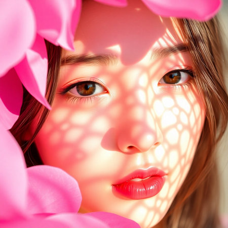 Close-up portrait of a beautiful girl with pink flowers. Beauty, fashion.の素材