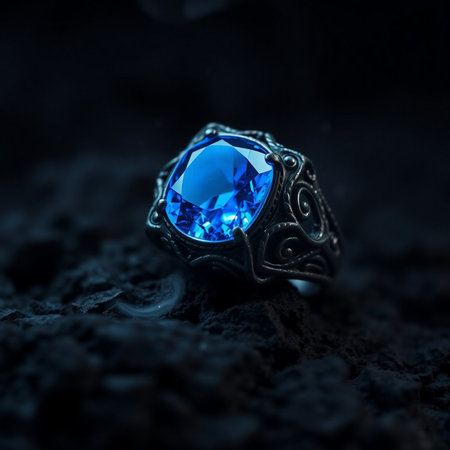 jewelry ring with blue sapphire on a dark backgroundの素材