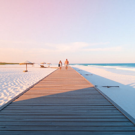 Couple on a tropical beach jetty at sunrise, Maldivesの素材