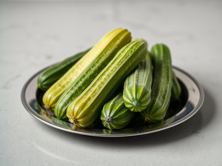 Cucumbers in a plate on a light background. Healthy food.の素材