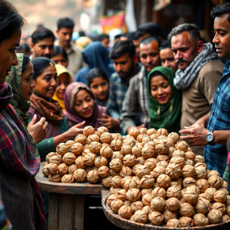View of unknowns Nepali people selling nuts at the Pashupatinath temple in the morningの素材