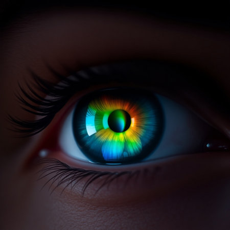 Close up view of beautiful female eye with rainbow iris effect.の素材