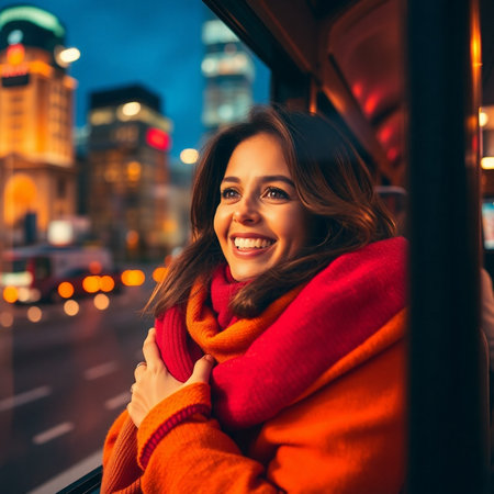 Beautiful young woman in red coat and scarf is traveling by car at night.の素材