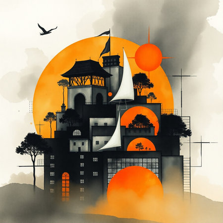 Halloween background with full moon and haunted house. Vector illustration.の素材