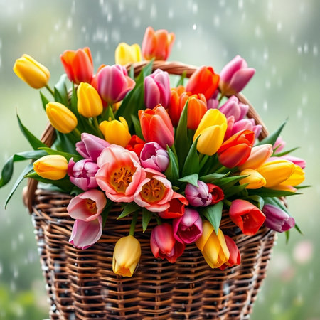 Colorful tulips in a wicker basket on a rainy dayの素材