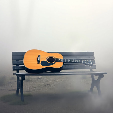 Acoustic guitar on a bench in a foggy morning. Conceptual image.の素材