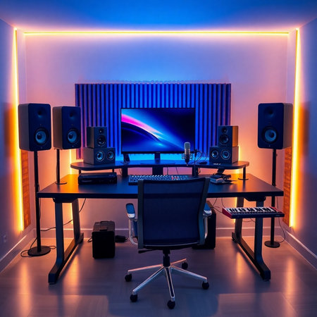 Interior of a modern sound studio with computer and loudspeakers.の素材