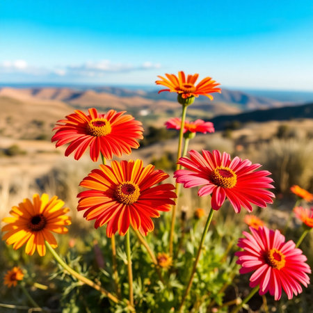 Colorful flowers in the mountains in California, USA. Beautiful summer landscape.の素材