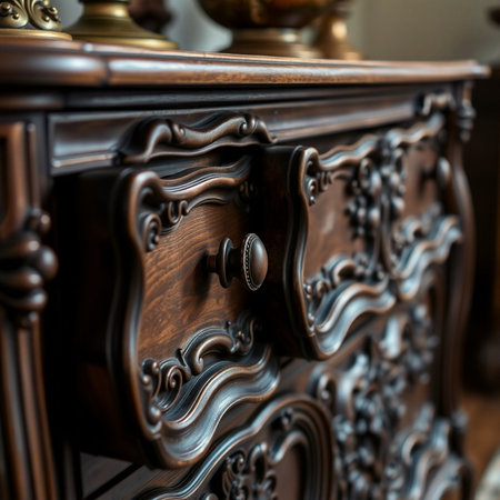 Detail of an antique wooden chest of drawers in the interiorの素材