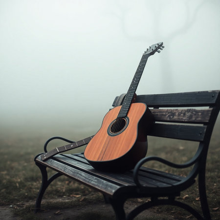 Guitar on a bench in a misty meadow.の素材