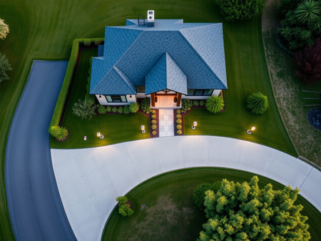 3d rendering of modern cozy house in colonial style with garage and pool for sale or rent. Clear sunny summer day with blue sky. With many green trees on the lawn.の素材