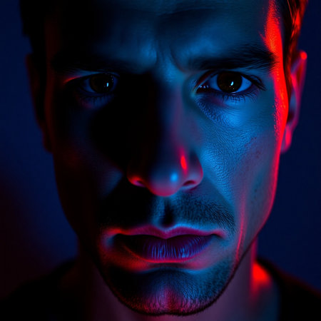 Close-up portrait of a man's face in blue light.の素材