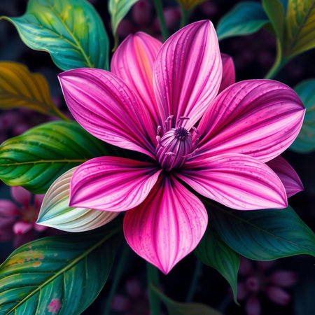 pink flower in the garden with green leaves and purple petalsの素材