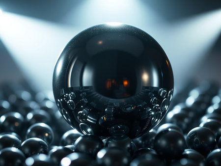 Black crystal ball in front of a group of black spheres. 3d renderingの素材