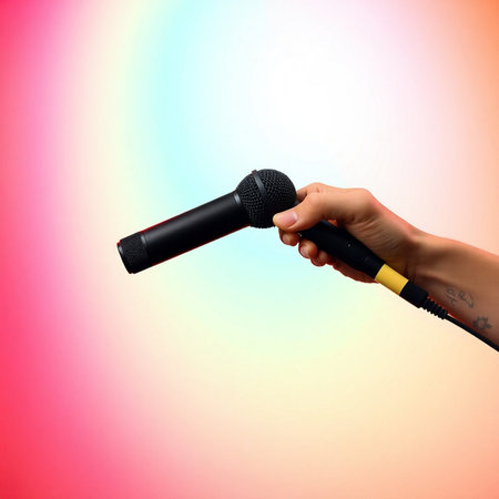 microphone in hand on a colored background. karaoke conceptの素材